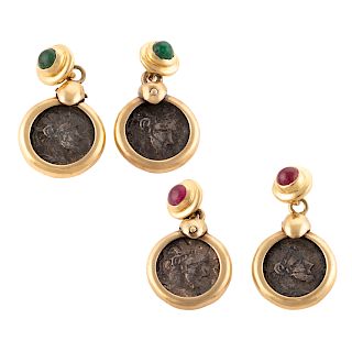 Two Pairs of Ancient Roman Coin Earrings in 14K