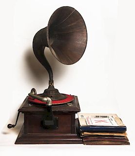 Gramophone with Records and an Exterior Iron, Tin and Oak Horn