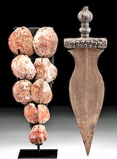 Mid-20th C. African Baule Iron & Wood Knife w/ Shells