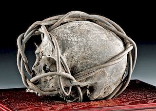 19th C. Dayak Trophy Human Skull, Bamboo-Bound