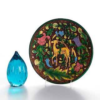 ITALIAN HAND DECORATED PLATE WITH A GLASS PAPER WEIGHT
