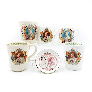 6 HAND DECORATED CERAMIC ROYALTY CUPS AND TRAY