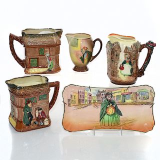 ROYAL DOULTON DICKENS GROUP, 4 PITCHER JUGS AND PLAQUE