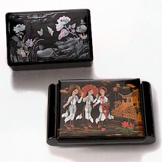 PAIR, ASIAN STYLE BLACK LACQUERED WOOD JEWELRY BOXES