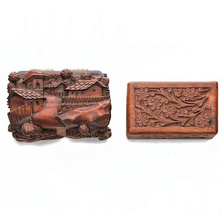2 HAND CARVED WOODEN JEWERLY BOXES OF HOUSES AND FLORA