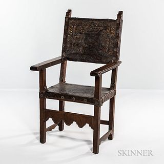 Renaissance-style Stamped Leather and Walnut Armchair