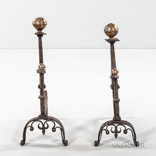 Pair of Spanish Colonial Wrought Iron and Brass Andirons