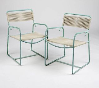 Two Walter Lamb verdigris bronze patio armchairs