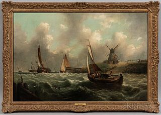 John Moore of Ipswich (British, 1820-1902)  Man of War and Fishing Boats of Southwold Harbour, Windmill and Figures