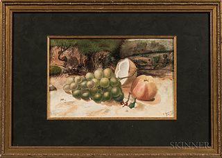 Thomas Ramsden (British, fl. 1883-1933)  Still Life with Grapes, Apple, and an Open Coconut on a Bank