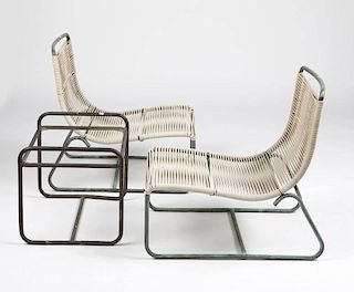 Two Walter Lamb lounge chairs and one side table