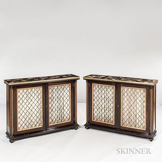 Pair of Regency-style Ebonized Wood Marble-top Consoles