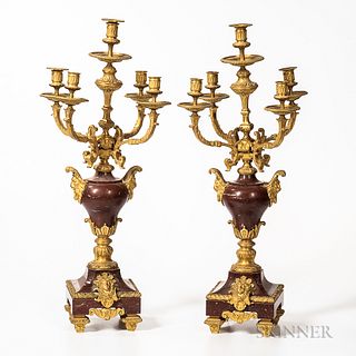 Pair of Rouge Marble and Gilt-bronze Five-light Candelabra