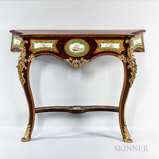 Louis XV-style Mahogany and Satinwood-veneered Ormolu- and Porcelain-mounted Console Table