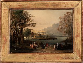 European School, 19th Century  Elegant Figures Gathered by a River in Autumn