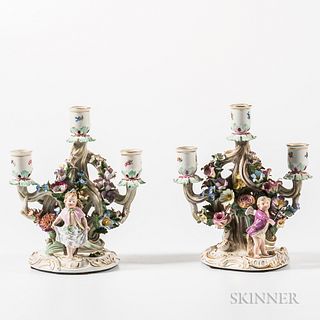 Two Similar Meissen Porcelain Three-light Figural Candelabras