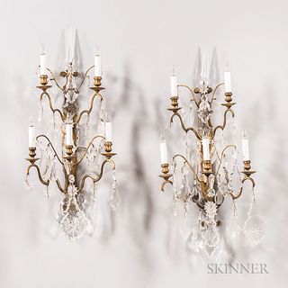 Pair of Continental Gilt-brass and Crystal Five-light Wall Sconces