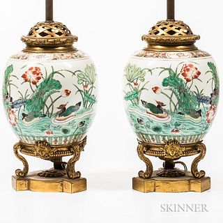 Pair of Chien Lung Porcelain and Gilt-bronze Ginger Jar Lamps