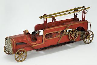 EARLY Antique Tin Weight Driven Ladder Fire Truck
