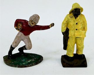 2 Antique Cast Iron Football Player Fisherman Toys