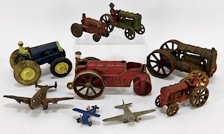 9PC Arcade Cast Iron Tractors and Plane Group