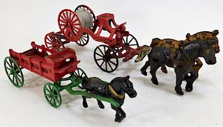 2 Attr. Kenton Cast Iron Carriage and Fire Truck