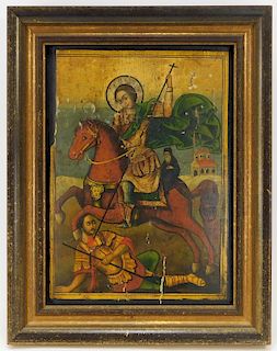 19C Russian Joan of Arc Horseback Icon Painting