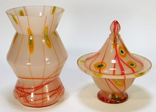 2 Kralik Bohemian Czech Art Glass Vase Jar Group