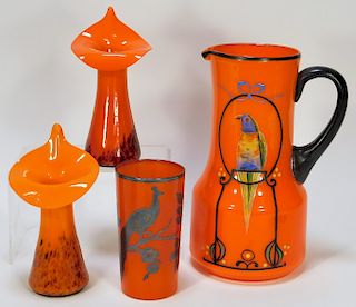 Orange Bohemian Czech Art Glass Vase Pitcher Group