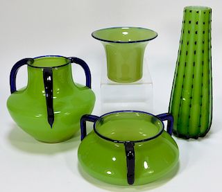 4 Green Tango Bohemian Czech Art Glass Vases