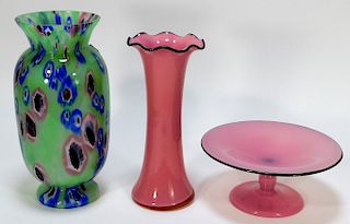 3 Pink Mint Bohemian Czech Art Glass Compote Vase