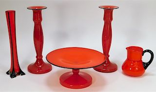 5 Red Tango Bohemian Art Glass Vase Vessel Group