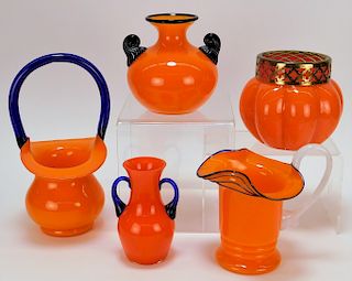 5 Orange Tango Bohemian Czech Art Glass Vase Group