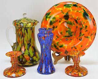 5PC Bohemian Czech Art Glass Tableware Group