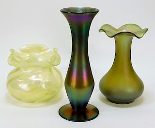 3 Attr. Loetz Iridescent Bohemian Art Glass Vases
