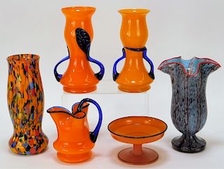 6PC Blue Orange Bohemian Czech Art Glass Vases