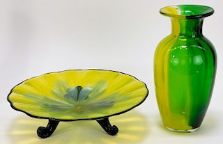 2PC RARE Loetz Green Perlglas Compote & Vase
