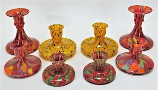 4PR Splattered Bohemian Art Glass Candlesticks
