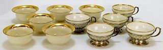 11 American Belleek Gilded Berry Bowls and Teacups