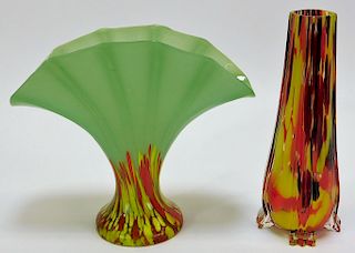 2 Bohemian Czech Splatter Art Glass Vases