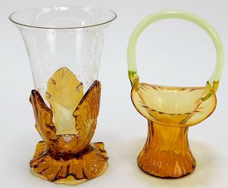 2 Bohemian Czech Amber Art Glass Vases