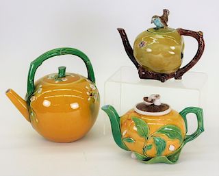 3PC Minton and English Majolica Teapot Grouping