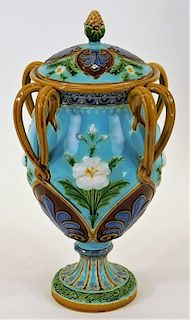 FINE Minton English Majolica Floral Handled Urn