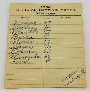1954 Casey Stengel Yankees Official Batting Order