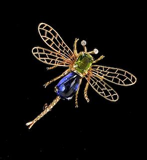 14K Gold Diamond Peridot Amethyst Dragonfly Brooch