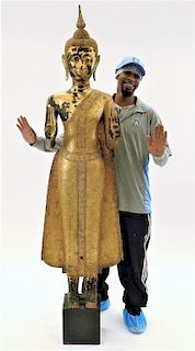 LARGE 19C. Thai Standing Gilt Bronze Buddha