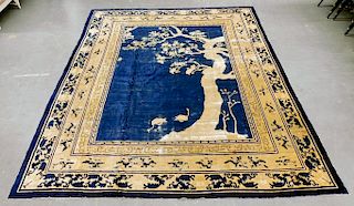 Antique Chinese Silk Blue & Ivory Pictorial Rug