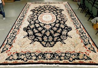Semi-Antique Black & White Wool Oriental Carpet