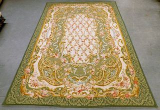French Green Sino Aubusson Flat Weave Rug Textile