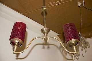 2 Arm Brass and Ruby Shade Hall Fixture